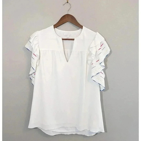 Anna Cate Becca White V Neck Ruffle Flutter Sleeve Top Size Small Rainbow - Picture 1 of 5